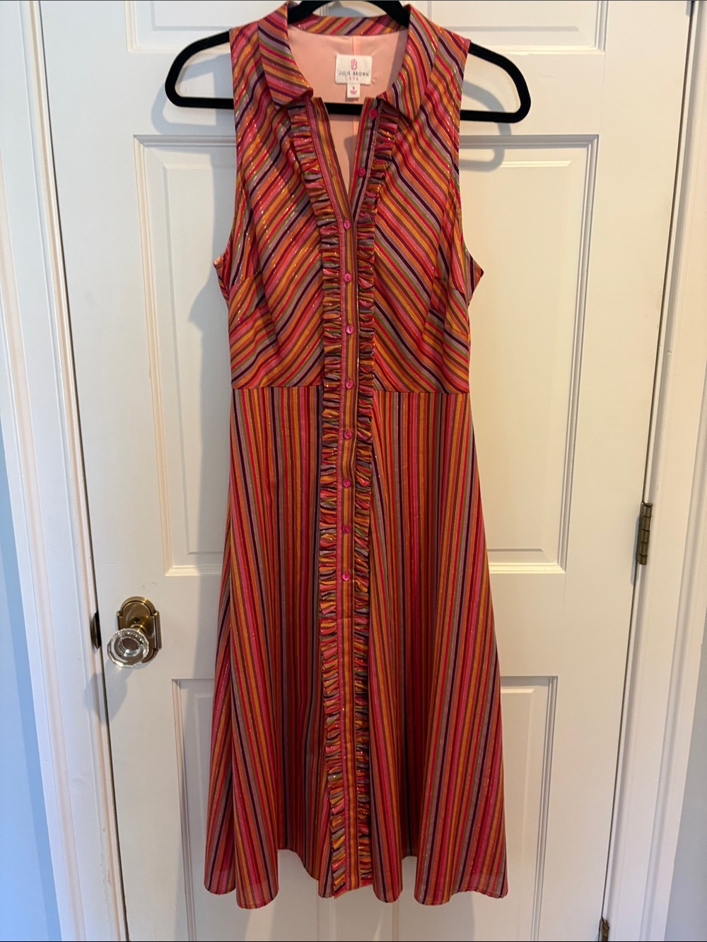 JB by Julie Brown Sleeveless Striped Button-Front Midi Dress in Pink Multi